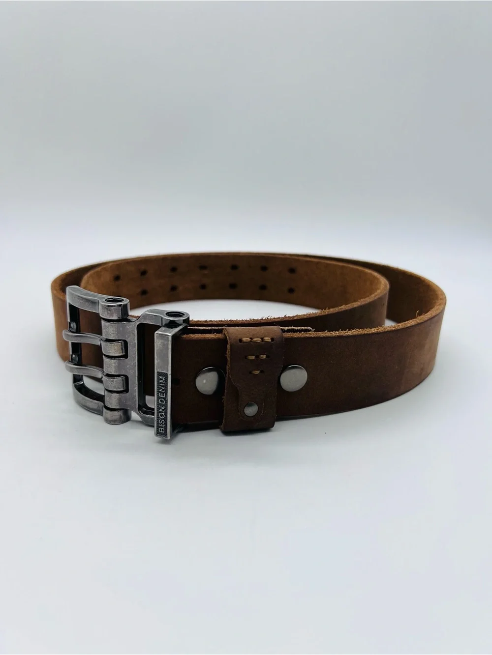 Bison Denim Men’s Brown Leather Belt with Brushed Metal Buckle